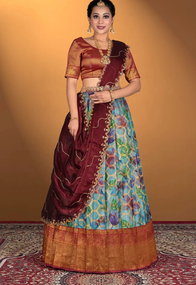 Sky Blue Viscose With Digital Print Lehenga Choli For Women