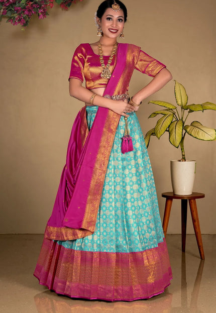 Sky Blue Zari Tissue Silk Lehenga Choli Design For Women