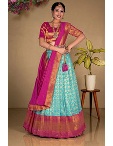 Sky Blue Zari Tissue Silk Lehenga Choli Design For Women