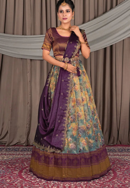 Sky Blue Zari Tissue With Digital Lehenga Choli For Women