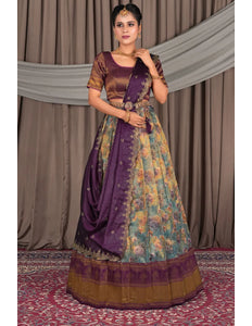 Sky Blue Zari Tissue With Digital Lehenga Choli For Women