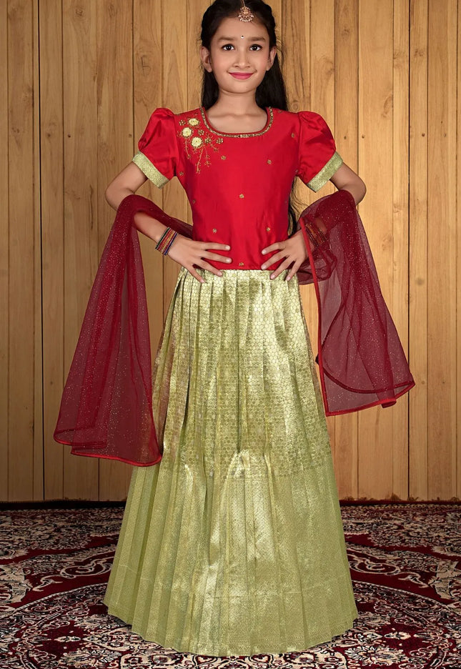Tussar Banarasi Kids Lehenga Style With Red Net Dupatta