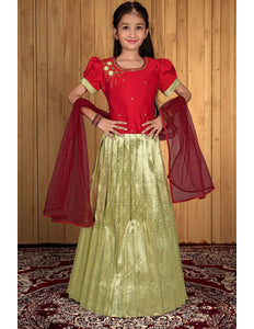 Tussar Banarasi Kids Lehenga Style With Red Net Dupatta