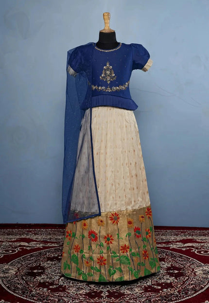 Tussar Blue Girls Festive Tussar Silk Lehenga Set with Floral Border Embroidery
