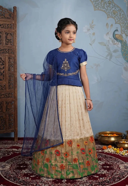 Tussar Blue Girls Festive Tussar Silk Lehenga Set with Floral Border Embroidery