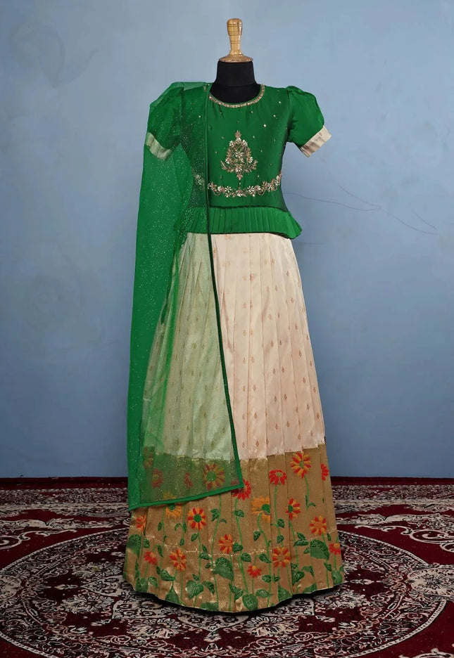 Tussar Green Girls Festive Tussar Silk Lehenga Set with Floral Border Embroidery