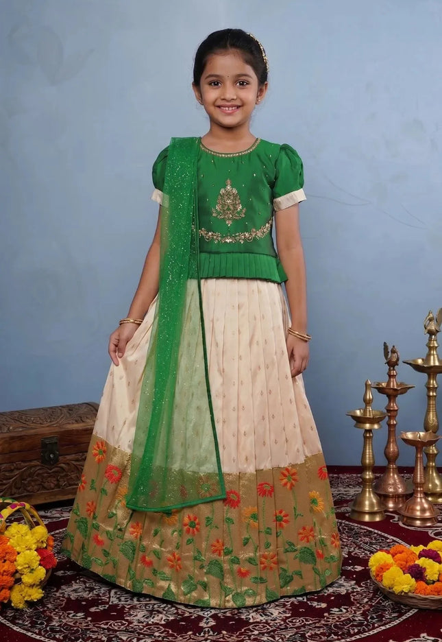 Tussar Green Girls Festive Tussar Silk Lehenga Set with Floral Border Embroidery