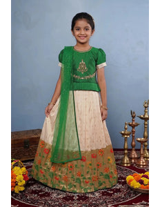 Tussar Green Girls Festive Tussar Silk Lehenga Set with Floral Border Embroidery