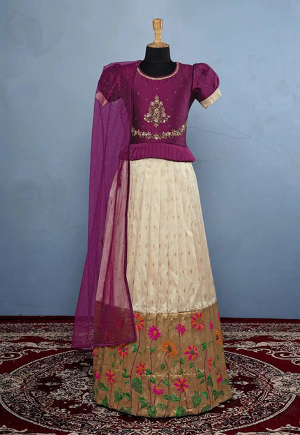 Tussar Magenta Girls Festive Tussar Silk Lehenga Set with Floral Border Embroidery