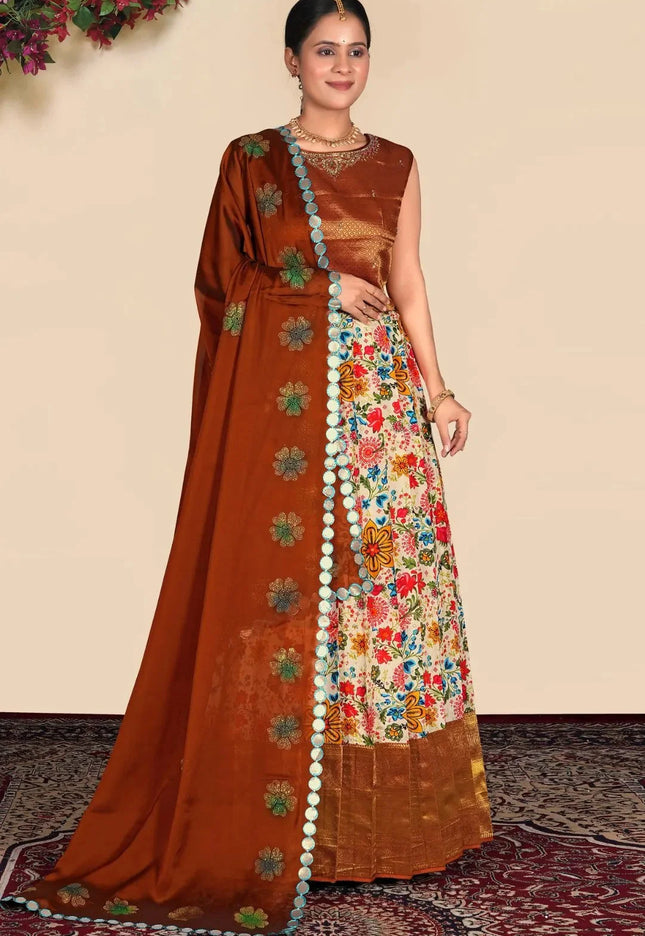 Tussar Printed Lehenga Choli with Embroidered Dupatta Set