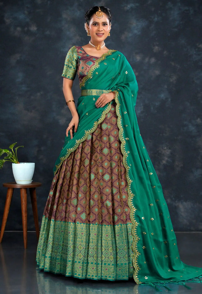 Wine Banarasi Silk Half Saree With Dupatta For Women