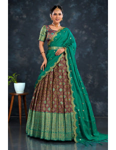Wine Banarasi Silk Half Saree With Dupatta For Women
