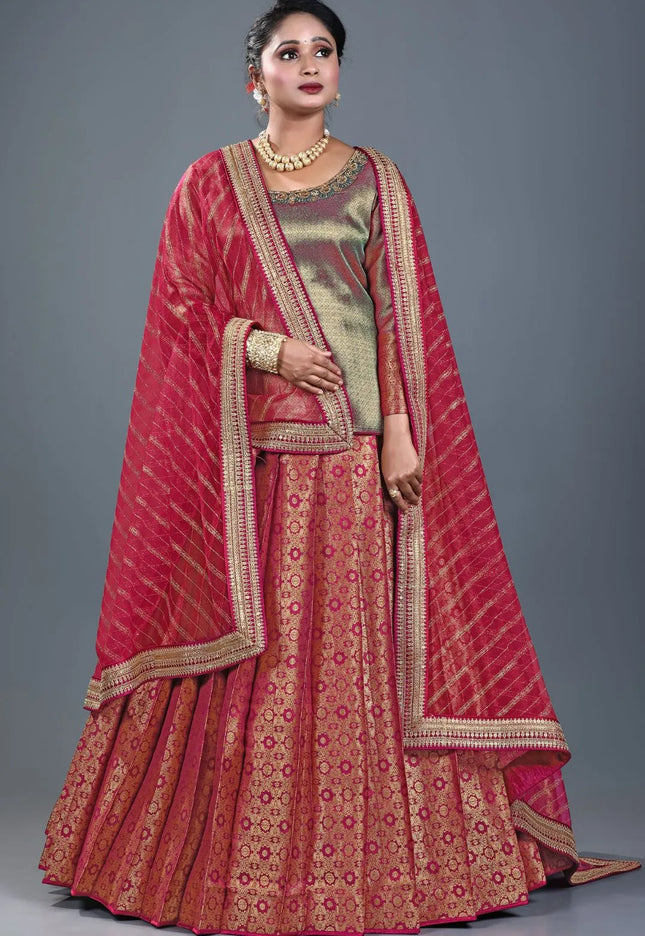 Wine Banarasi Silk Lehenga Choli For Women With Net Dupatta