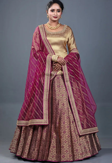 Wine Banarasi Silk Lehenga Choli For Women With Net Dupatta