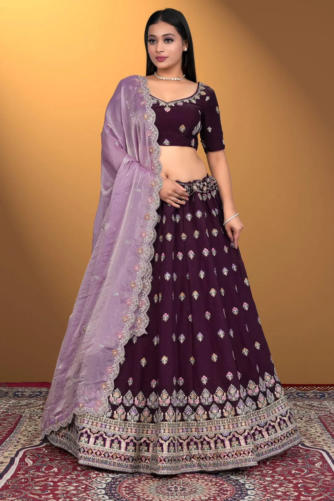 Wine Fendy Silk Embroidered Lehenga Choli For Women