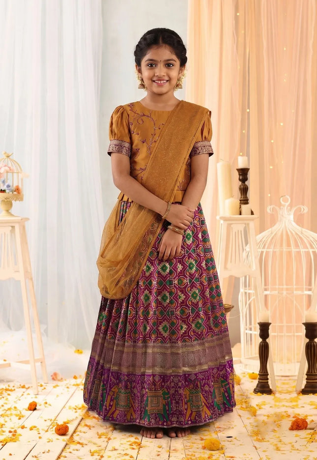 Wine Traditional Patola Style Lehenga Choli Set for Girls Festive Wear
