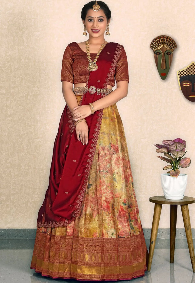 Yellow Banarasi Jacquard Digital Lehenga Choli For Women