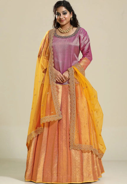 Yellow Banarasi Silk Lehenga Choli For Women With Net Dupatta
