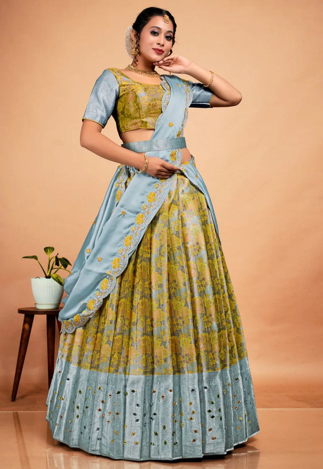 Yellow Banarasi Silk Semi-Stitched Lehenga Choli For Women