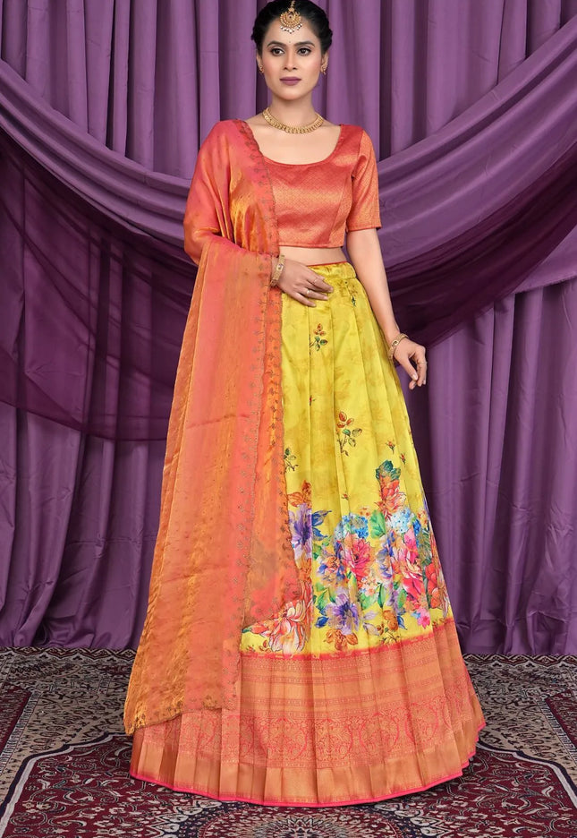 Yellow Banglori Slub Lehenga Choli Design For Women