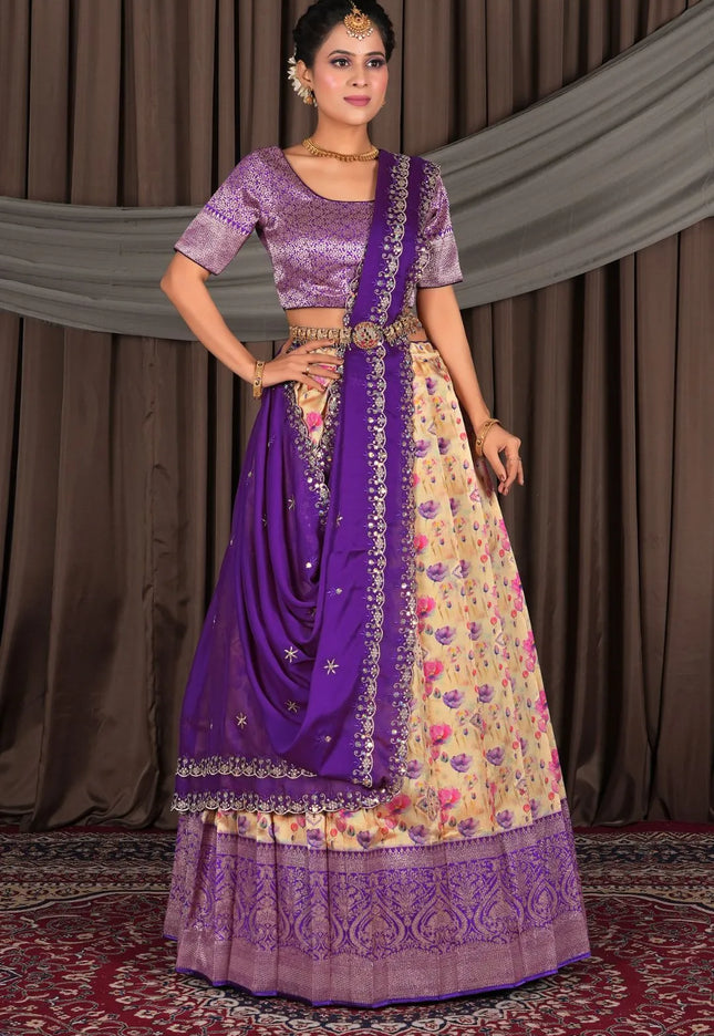 Yellow Banglori Slub Semi-Stitched Lehenga For Women