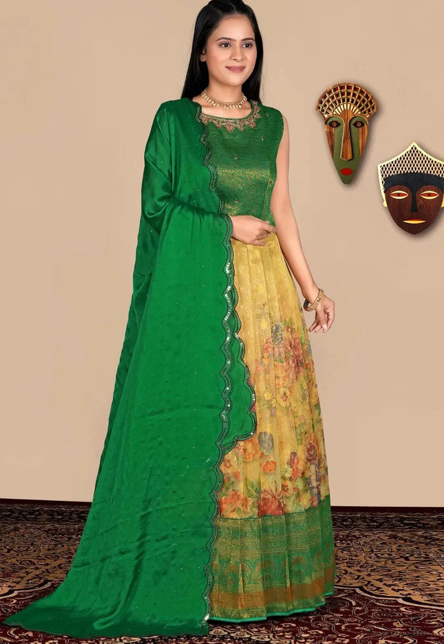 Yellow Floral Printed Lehenga Choli with Dupatta for Women