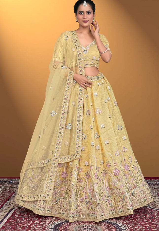 Yellow Gold Crush Traditional Lehenga Choli For Weddings