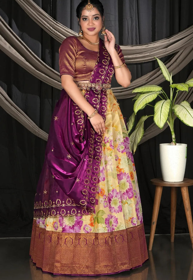 Yellow Latest Digital Print Banarasi Lehenga Choli For Women