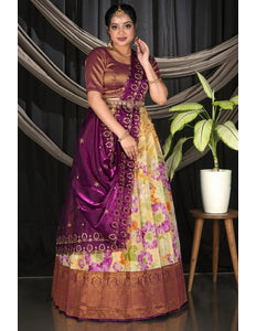 Yellow Latest Digital Print Banarasi Lehenga Choli For Women