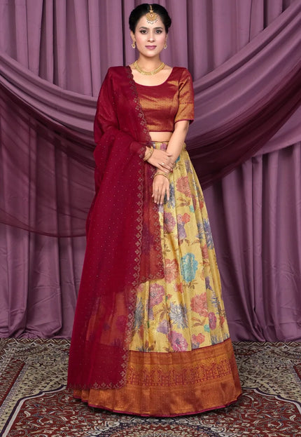 Yellow Latest Self Jacquard Digital Print Lehenga Choli