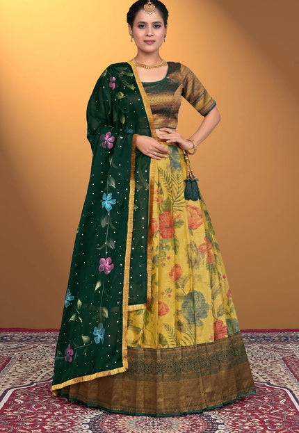 Yellow Zari Tissue Silk Half Saree With Digital Print
