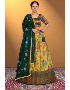 Yellow Zari Tissue Silk Half Saree With Digital Print