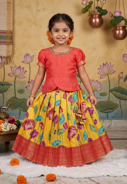 Yellow and Red Girls Silk Pattu Pavadai Ethnic Lehenga Choli Set