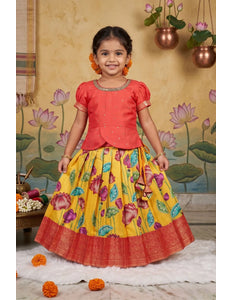 Yellow and Red Girls Silk Pattu Pavadai Ethnic Lehenga Choli Set
