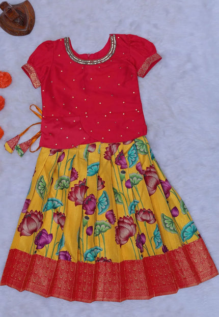 Yellow and Red Girls Silk Pattu Pavadai Ethnic Lehenga Choli Set
