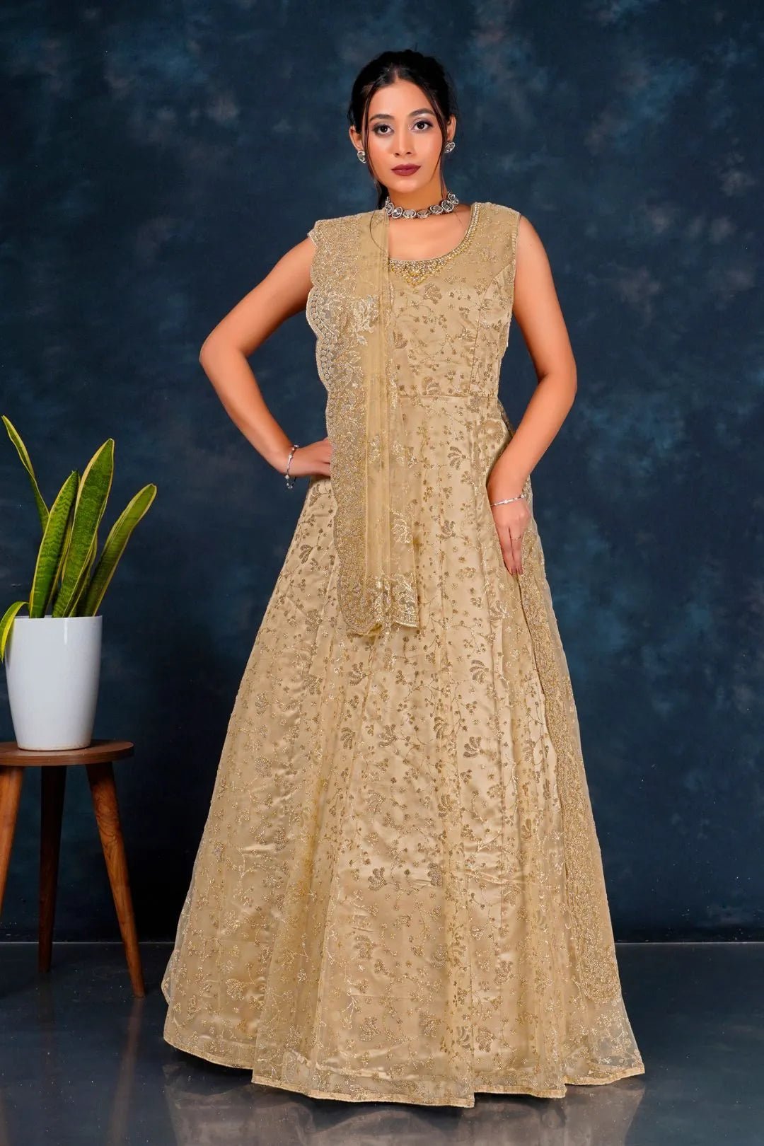Beige Colour Party Wear Net Gown For Women - Gajiwala