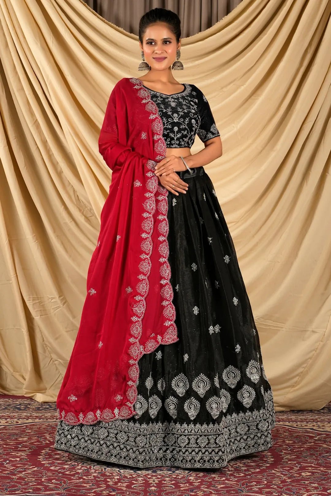 Black Barbery Silk Lehenga Choli With Rangoli Dupatta - Gajiwala