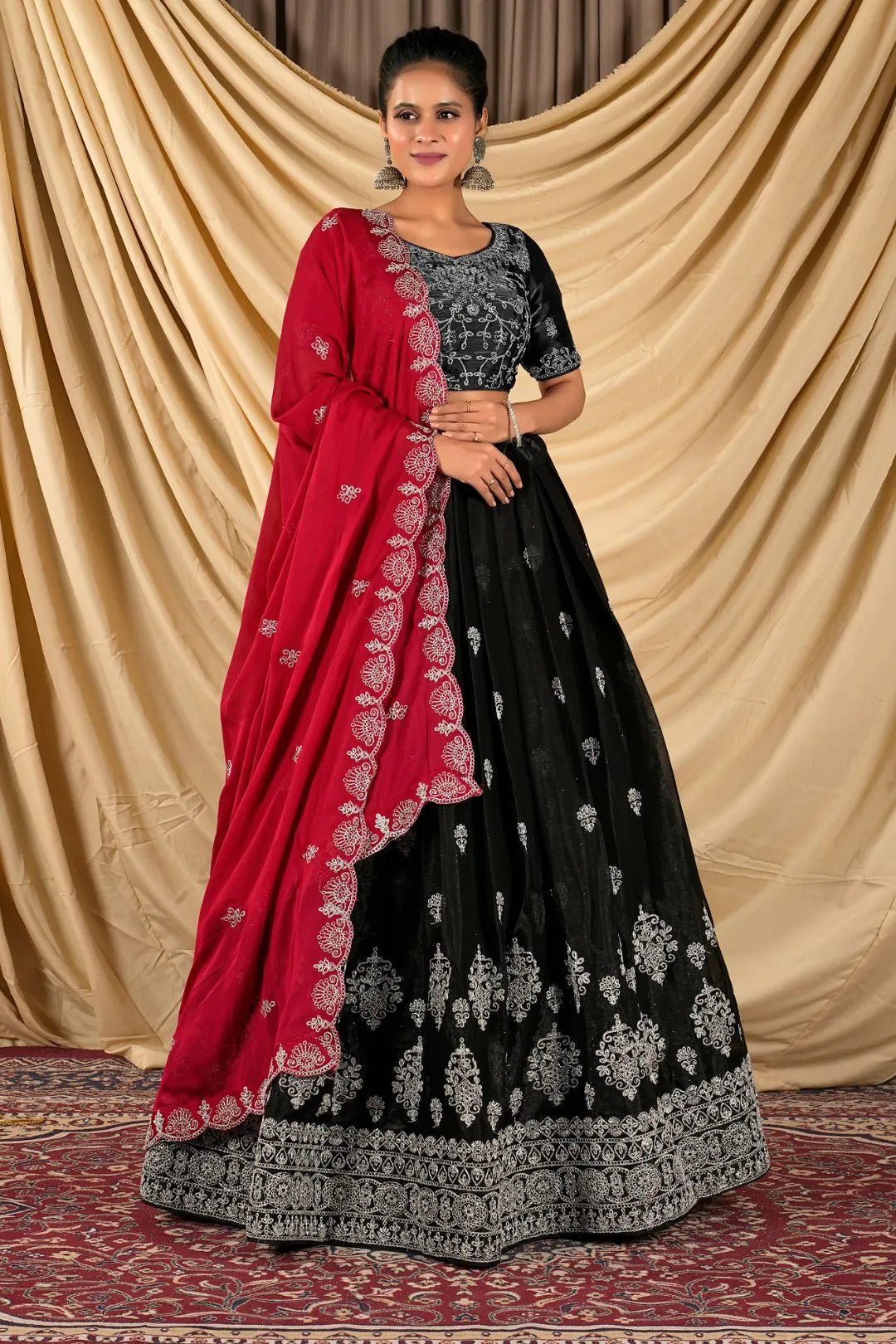 Black Barbery Silk Lehenga Choli With Rangoli Dupatta - Gajiwala