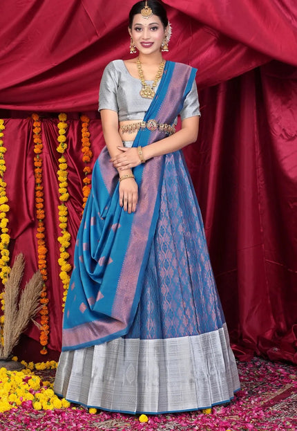 Blue Banarasi Pattu Lehenga Choli With Zari Work - Gajiwala