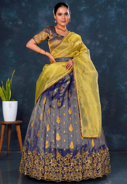 Blue Latest Banarasi Lehenga Choli With Zari Woven - Gajiwala