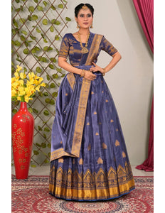 Blue Tissue Silk Lehenga Choli with Dupatta For Women - Gajiwala
