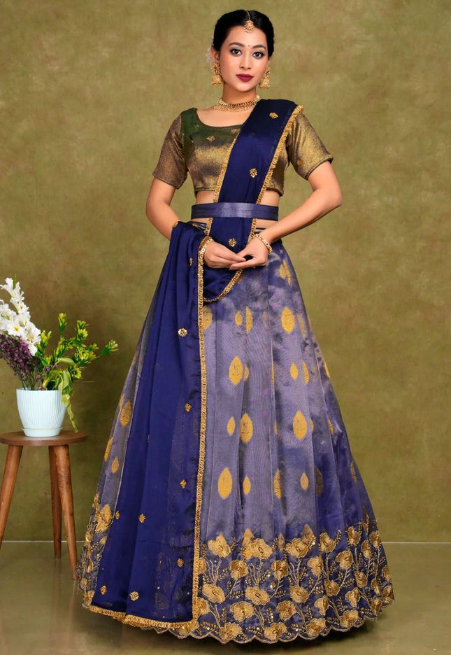 Blue Zari Woven Tissue Silk Lehenga Choli For Women - Gajiwala