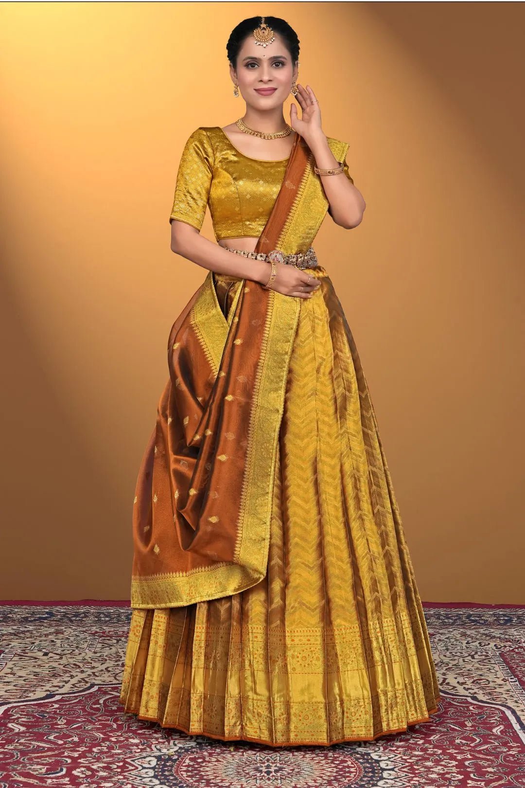 Bronze Pure Two Zari Tissue Half Saree For Women - Gajiwala