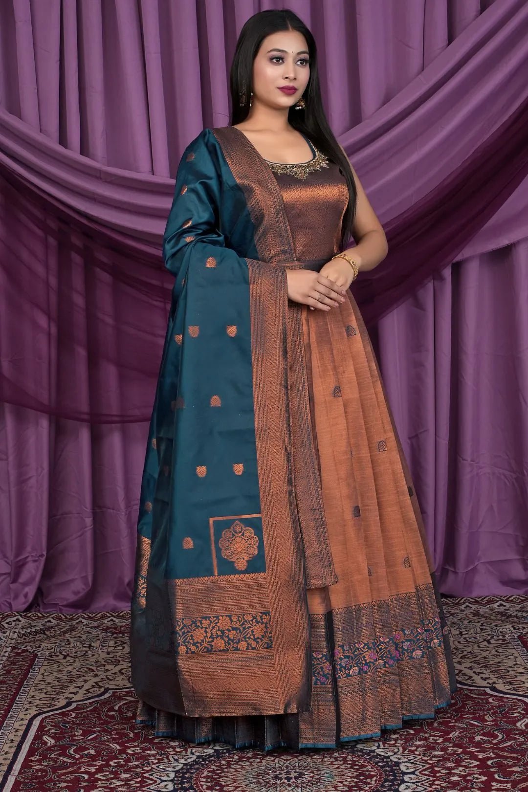 Brown Designer Banarasi Gown With Dupatta - Gajiwala