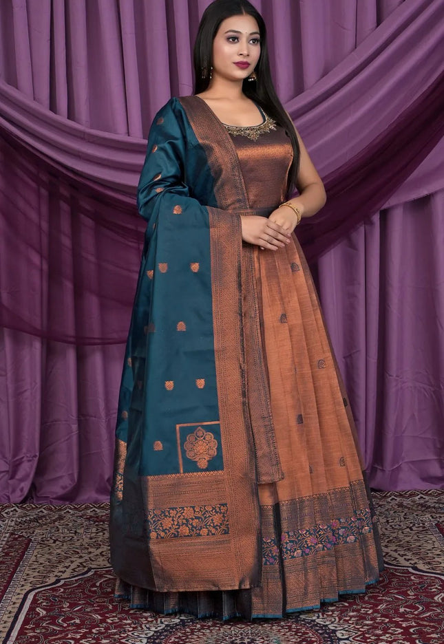 Brown Designer Banarasi Gown With Dupatta - Gajiwala