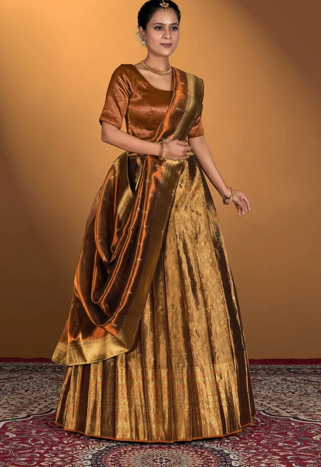 Brown Pure Two Tone Zari Tissue Lehenga Choli - Gajiwala