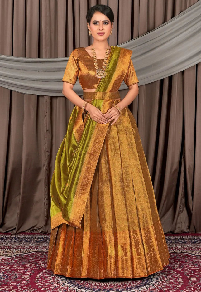 Brown Pure Two Tone Zari Tissue Pattu Half Saree For Women - Gajiwala