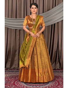 Brown Pure Two Tone Zari Tissue Pattu Half Saree For Women - Gajiwala