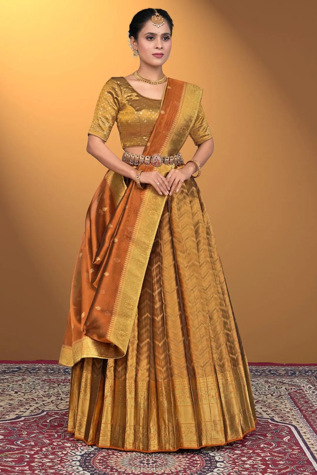 Brown Pure Two Zari Tissue Half Saree For Women - Gajiwala