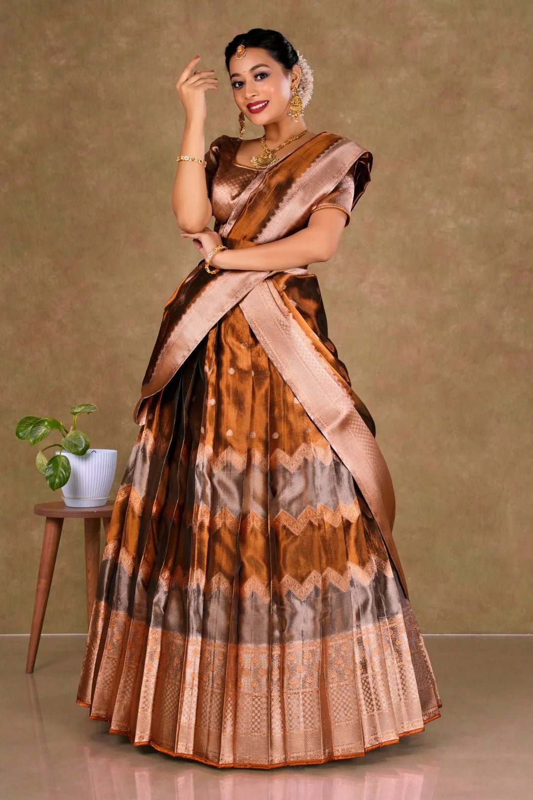 Brown Tissue Silk Pattu Half Saree With Zari Work - Gajiwala